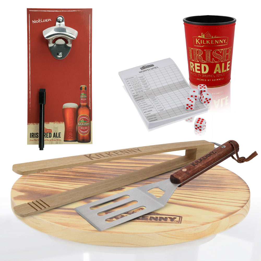 Kilkenny Bier Freizeit Bundle Set aus Flaschenöffner Holzbrett Würfelspiel BBQ