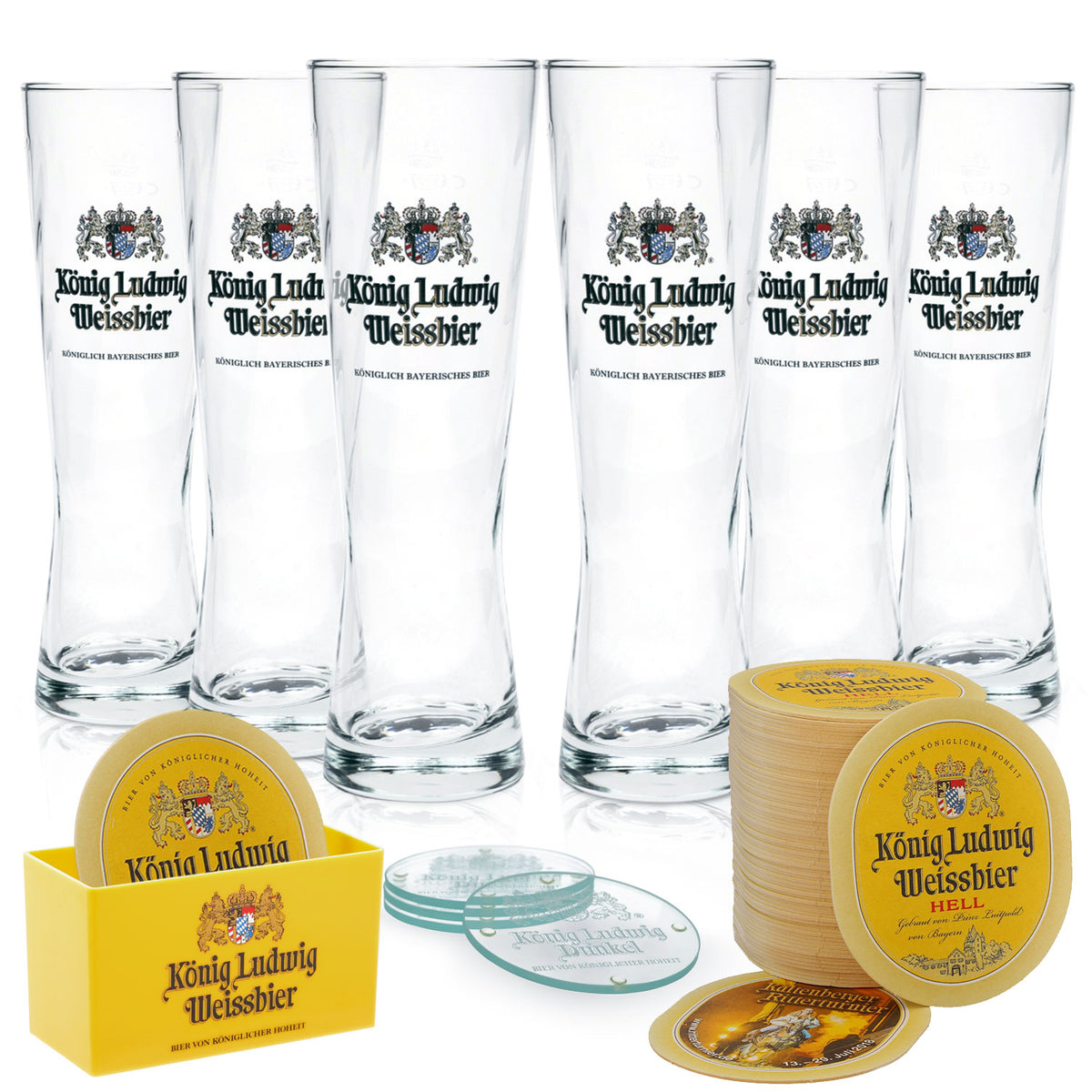 König Ludwig Bier Bundle Set II aus 6x Biergläser 0,5l 70 Bierdeckel Halter