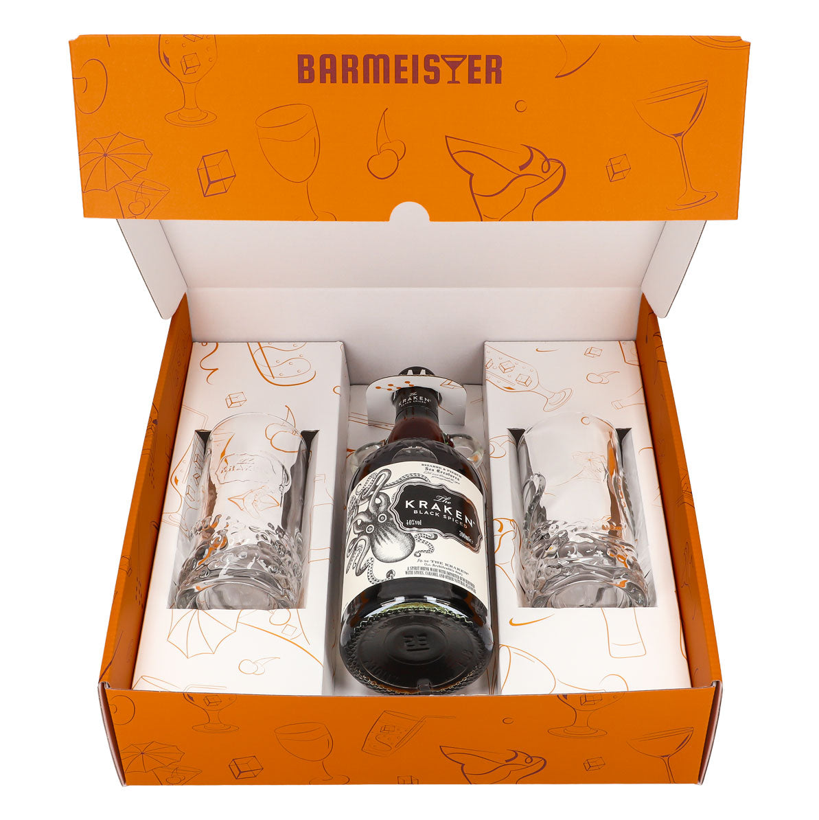 Kraken Rum Geschenkset 0,7l Flasche 40,0 % Vol. + Longdrinkgläser Relief–Orange – Ansicht 3