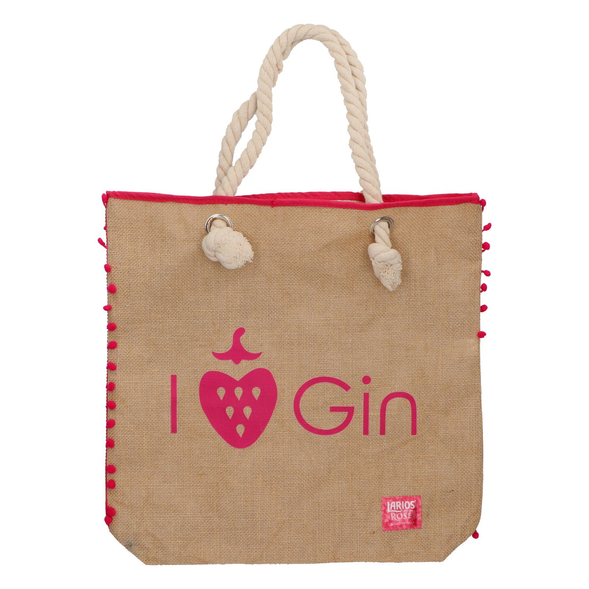 Larios Rose Gin Tasche Jutebeutel Kordelgriffe I Gin Erdbeer Motiv