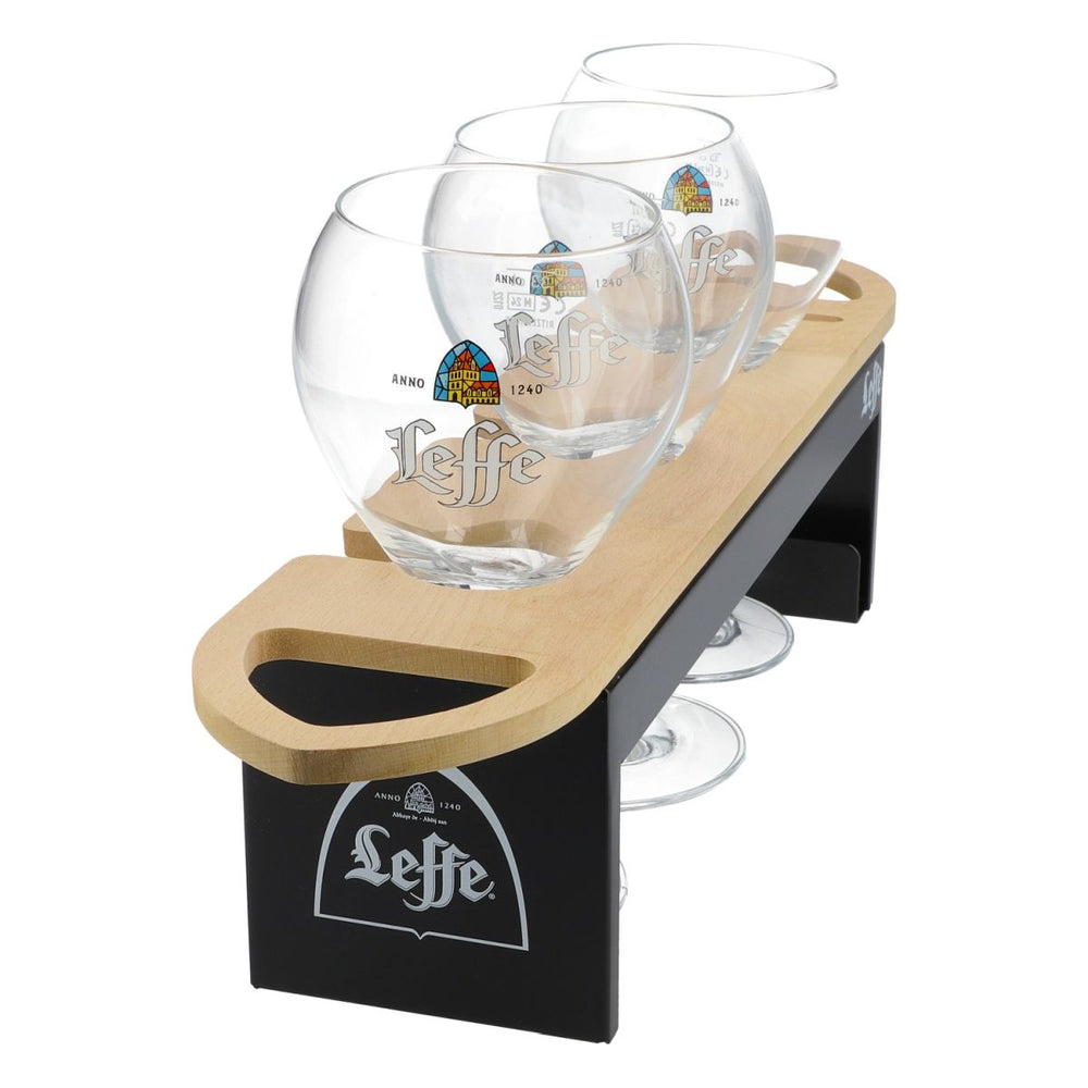 Leffe Bierglas Halterung Set inkl. 3 Gläser für Bar & Tresen aus Echtholz
