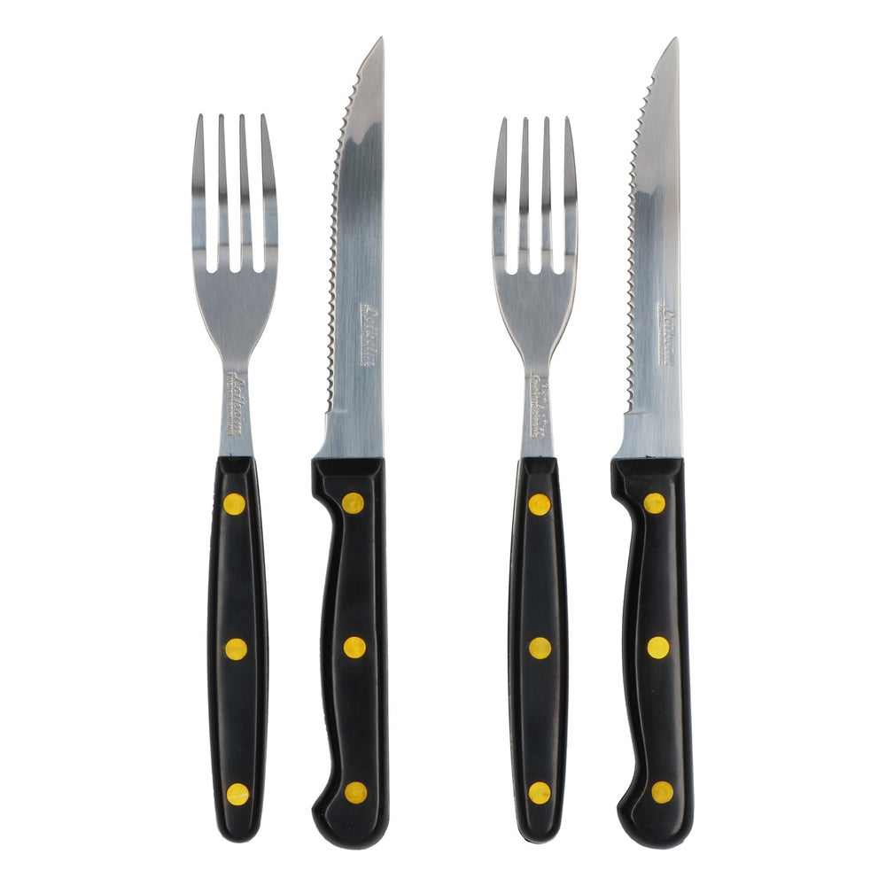 Leikeim Grillbesteck Set 2x Messer 2x Gabel goldene Nieten Edelstahl