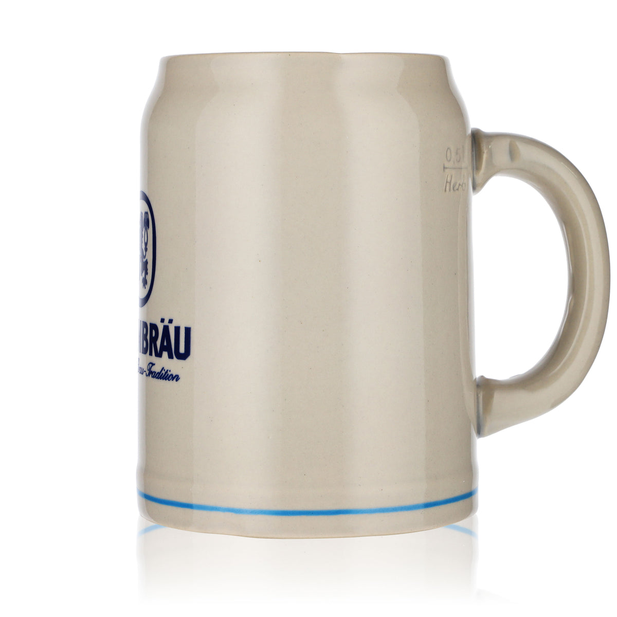 Löwenbräu Bier Glas 0,5l Tonkrug Bierseidel kleines Logo hellblauer Ring – Ansicht 5