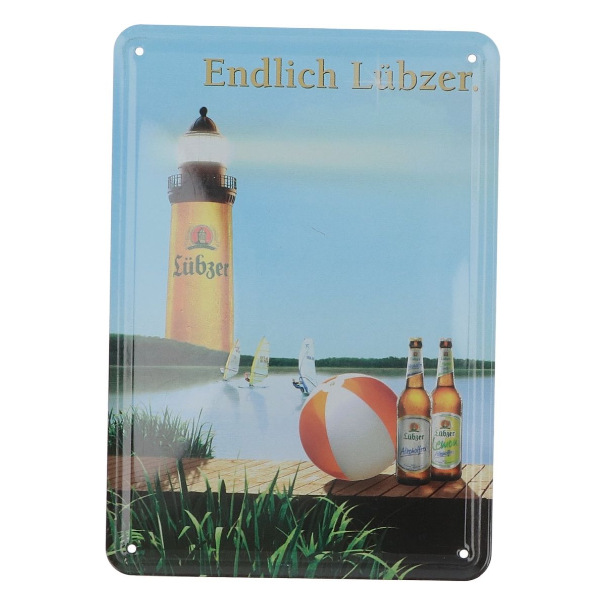 Lübzer Blechschild 15x10cm Werbeschild Reklame Postkarten Wasserball Wand Merch