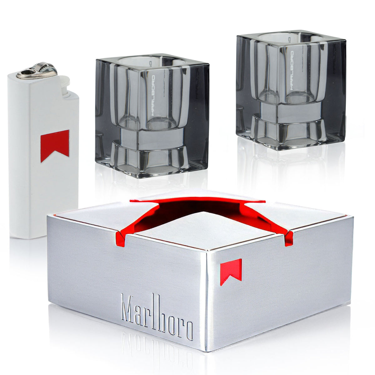 Marlboro Fan Bundle Set aus 1x Windlicht 1x Metall Aschenbecher 1x Feuerzeug