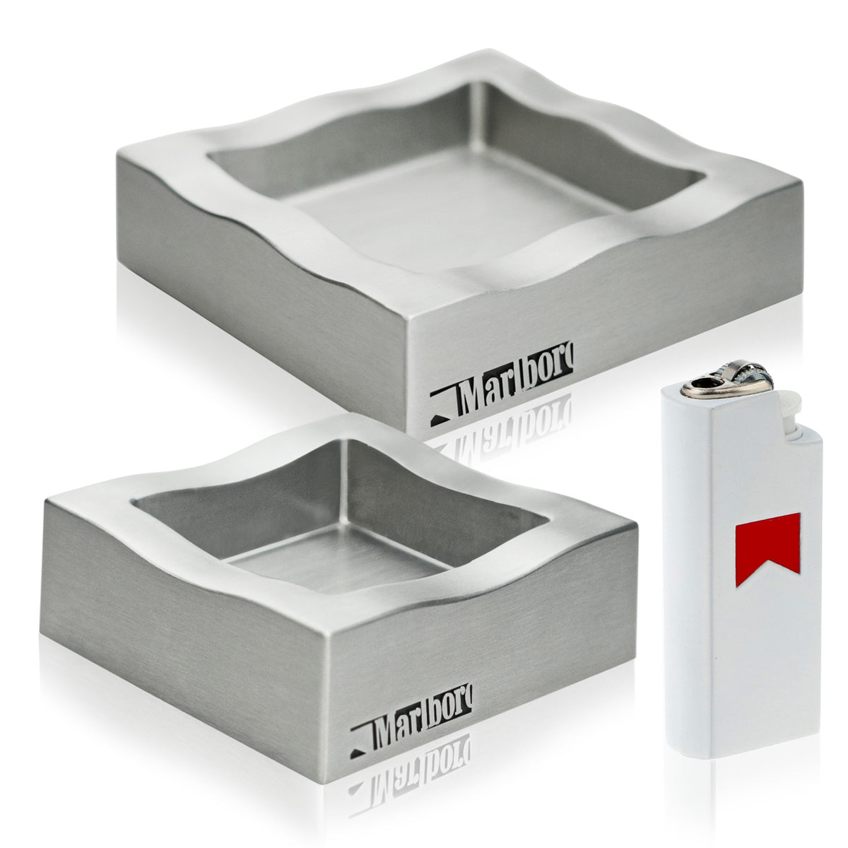Marlboro Smoker Bundle Set aus 2x Metall Aschenbecher Groß/Klein 1x Feuerzeug