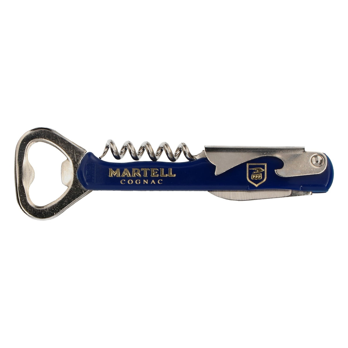 Martell Cognac Flaschenöffner Kapselheber mit Korkenzieher Edelstahl blau – Ansicht 3
