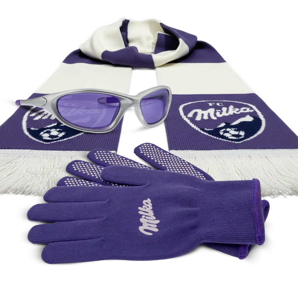 Milka Schokolade Freizeit Bundle Set aus Sonnenbrille Handschuhe Wollschal