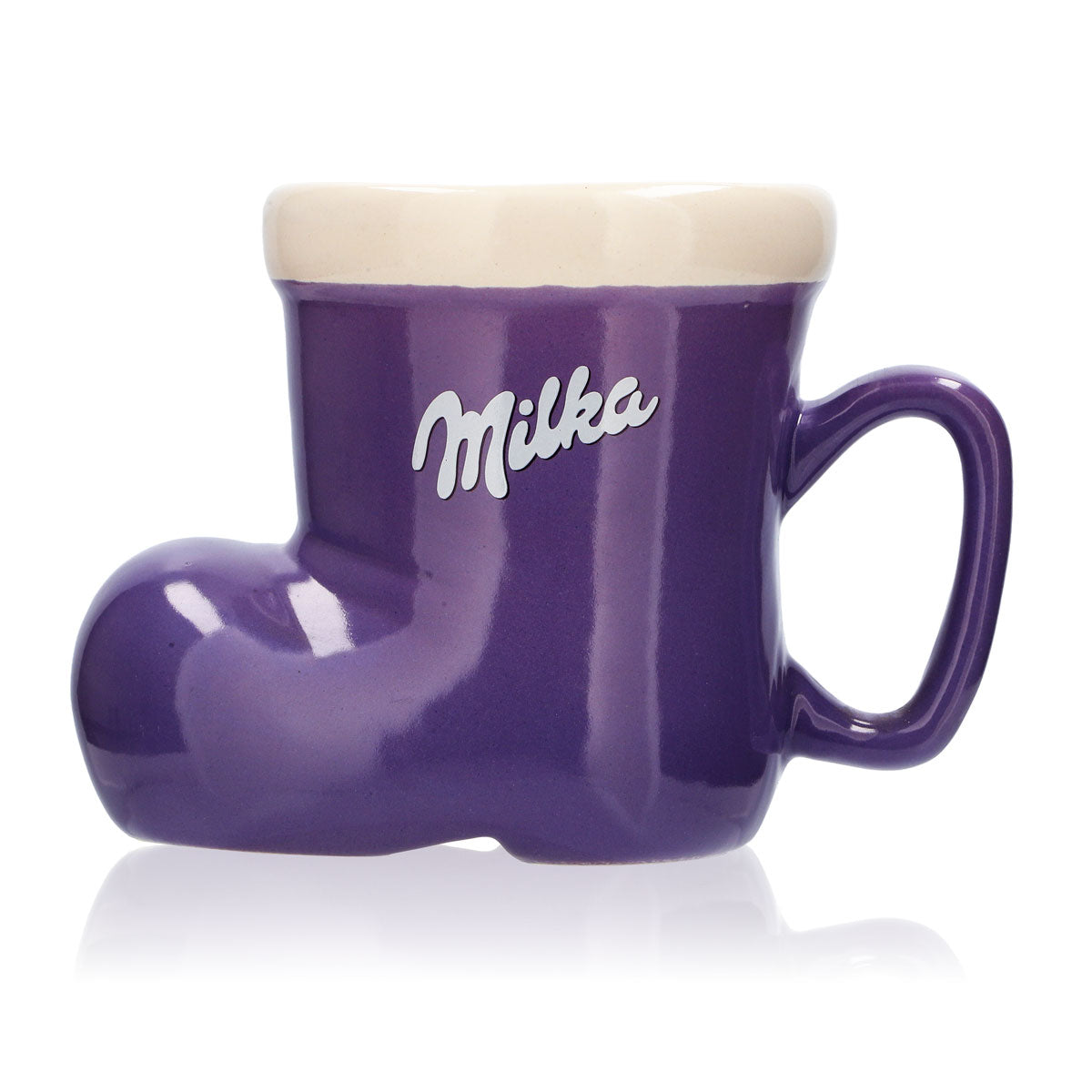 Milka Süßigkeiten Milchbecher Kakao Glas 0,4l Kinder Tasse Stiefel Lila