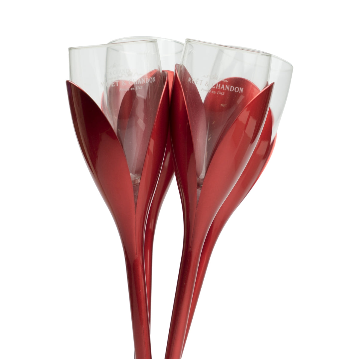 Moet Chandon Champagner 4x Glas + Halter in Tulpen Form rot Gläser Selten Rar