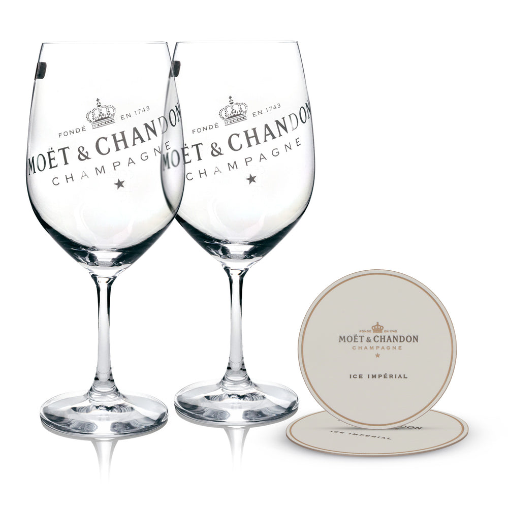 Moet Chandon Champagner Bundle Set aus 2x Stielglas und 2x Untersetzer