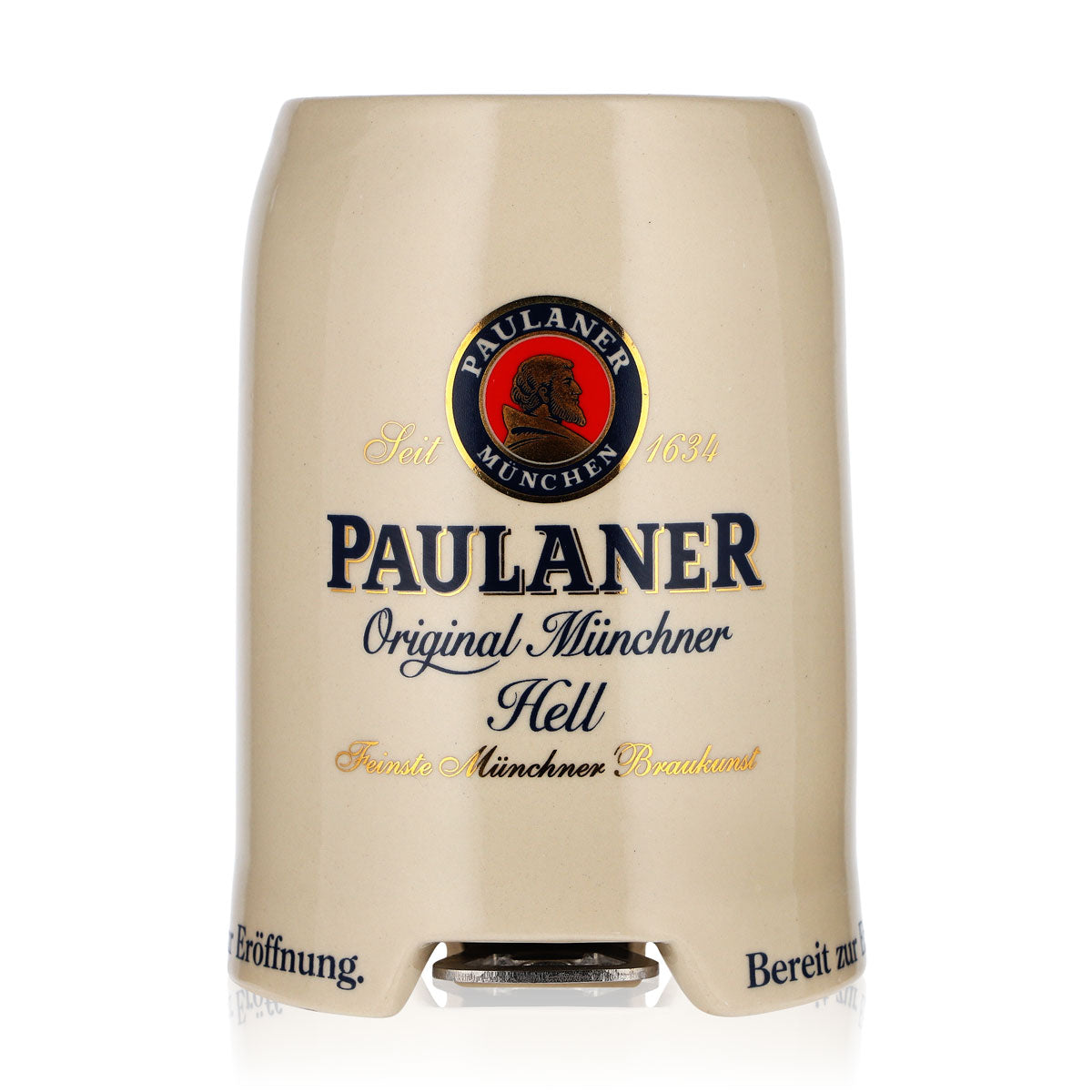 Paulaner Bier Glas 0,5l Tonkrug mit Flaschenöffner "Bereit zur Eröffnung" Ton