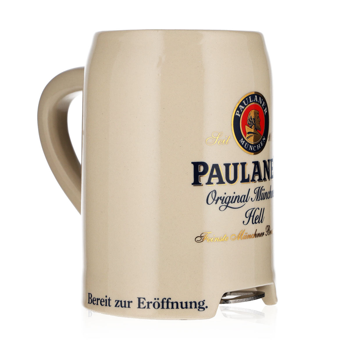 Paulaner Bier Glas 0,5l Tonkrug mit Flaschenöffner "Bereit zur Eröffnung" Ton – Ansicht 2