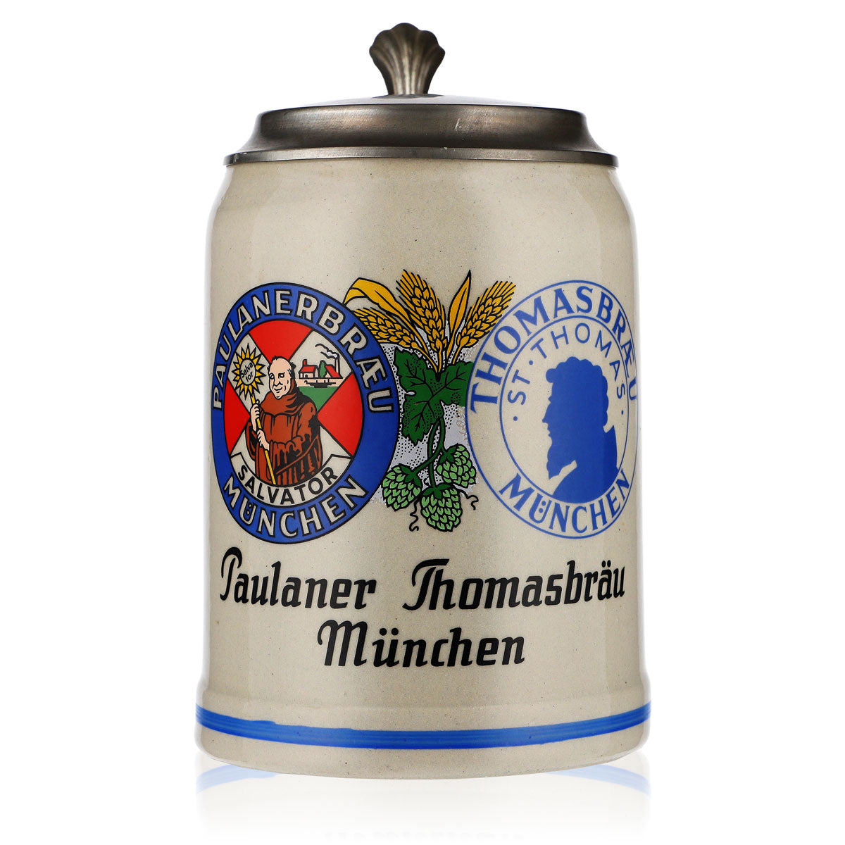 Paulaner Glas Weissbier Tonkrug mit Zinndeckel 0,5l Thomas-Bräu München
