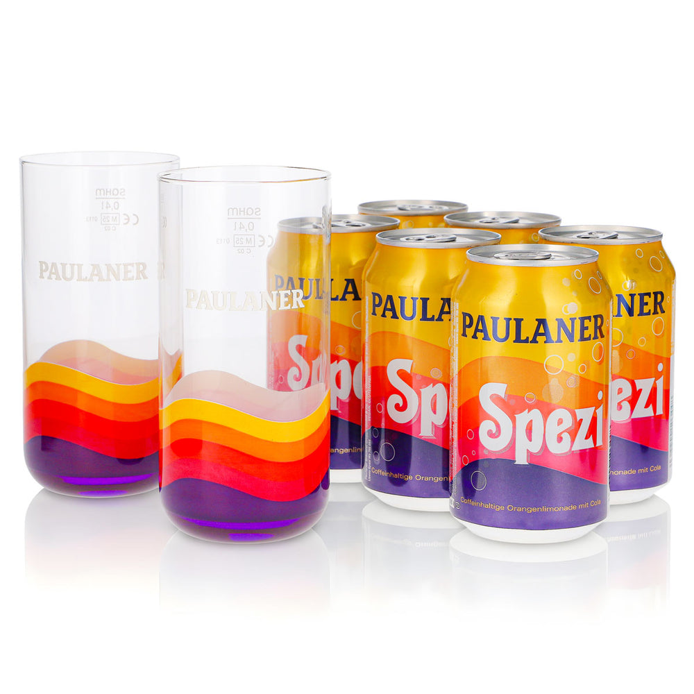 Paulaner Spezi Geschenkset Bundle 8-tlg. 2 Gläser 0,4l + 6 Dosen 0,33l