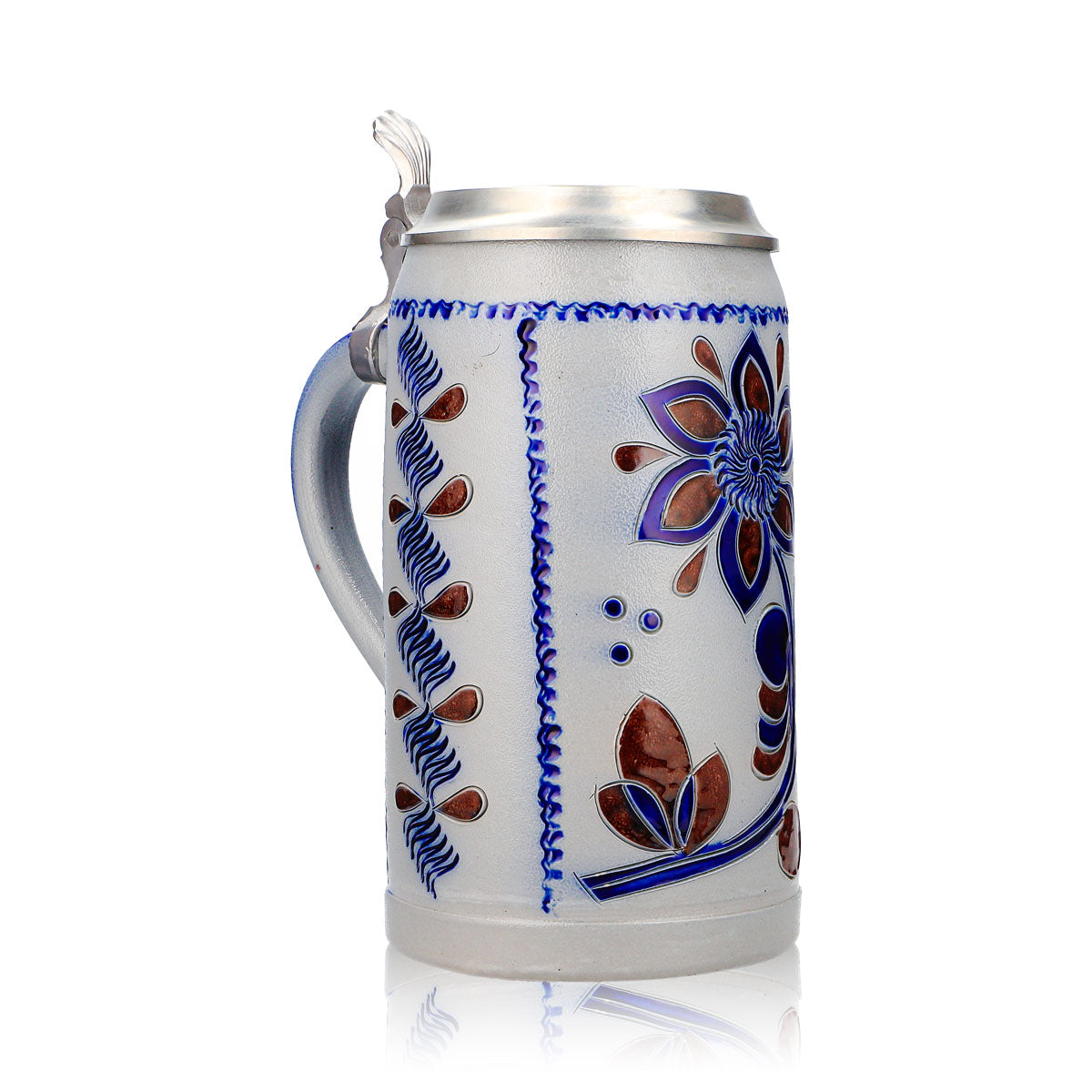 Rastal Bier Glas Steinkrug 1,16l mit Zinndeckel blau/braunes Blumen Steingut – Ansicht 2