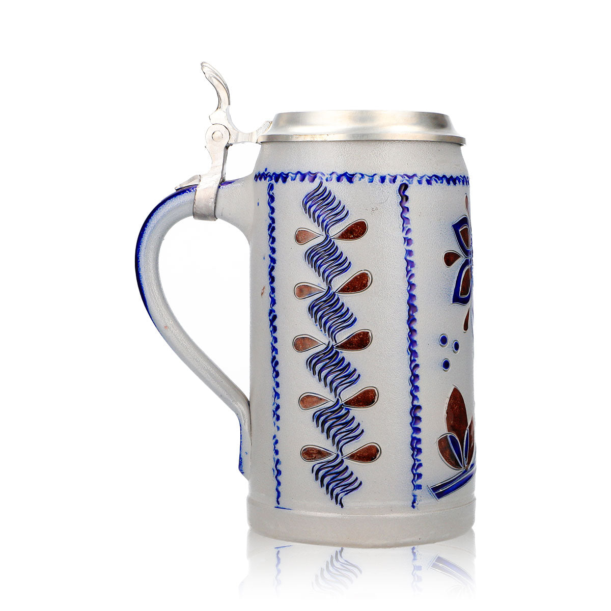 Rastal Bier Glas Steinkrug 1,16l mit Zinndeckel blau/braunes Blumen Steingut – Ansicht 3