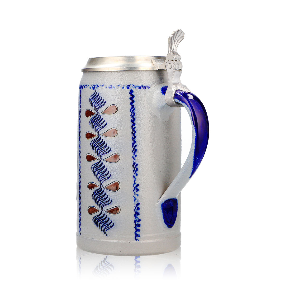 Rastal Bier Glas Steinkrug 1,16l mit Zinndeckel blau/braunes Blumen Steingut – Ansicht 4