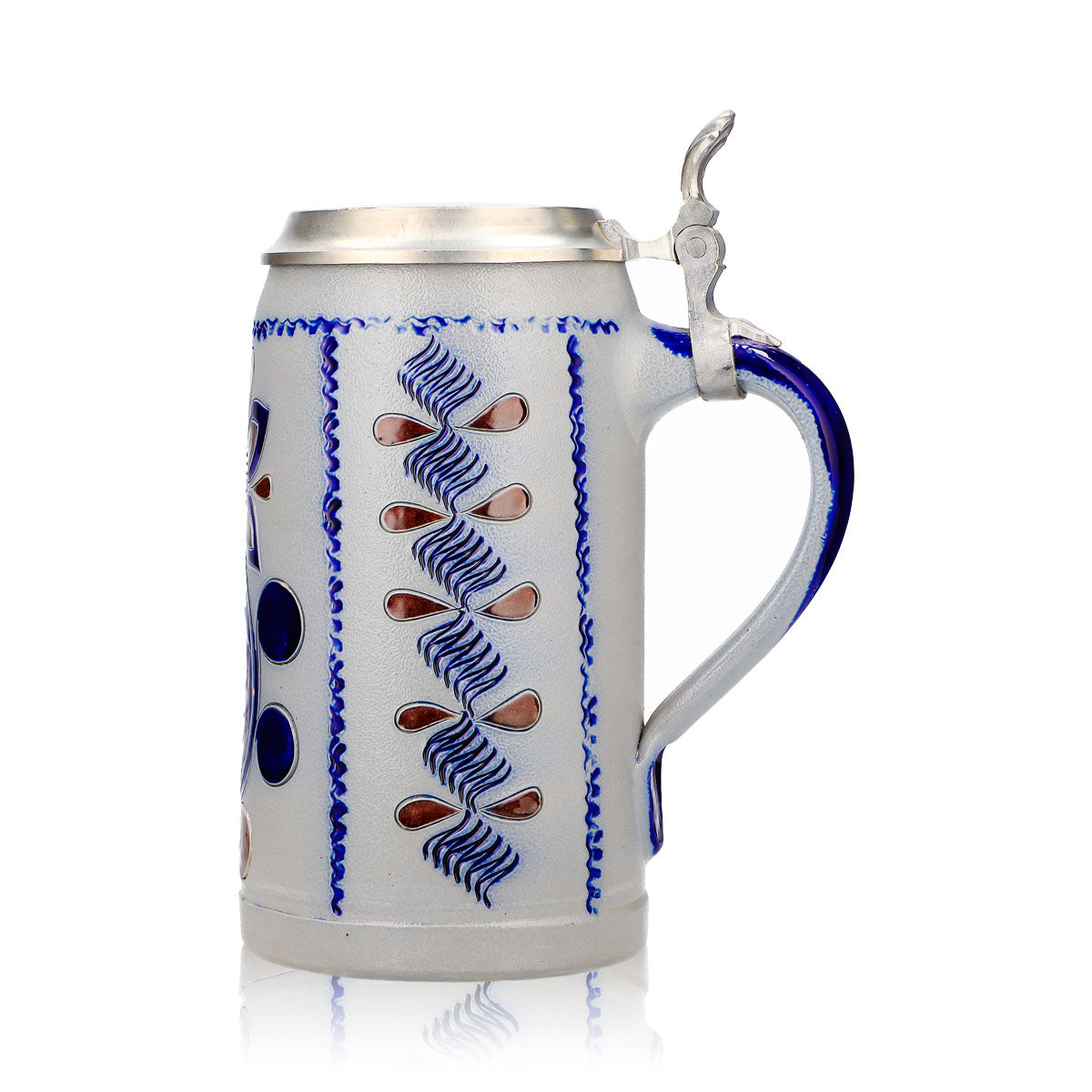 Rastal Bier Glas Steinkrug 1,16l mit Zinndeckel blau/braunes Blumen Steingut – Ansicht 5