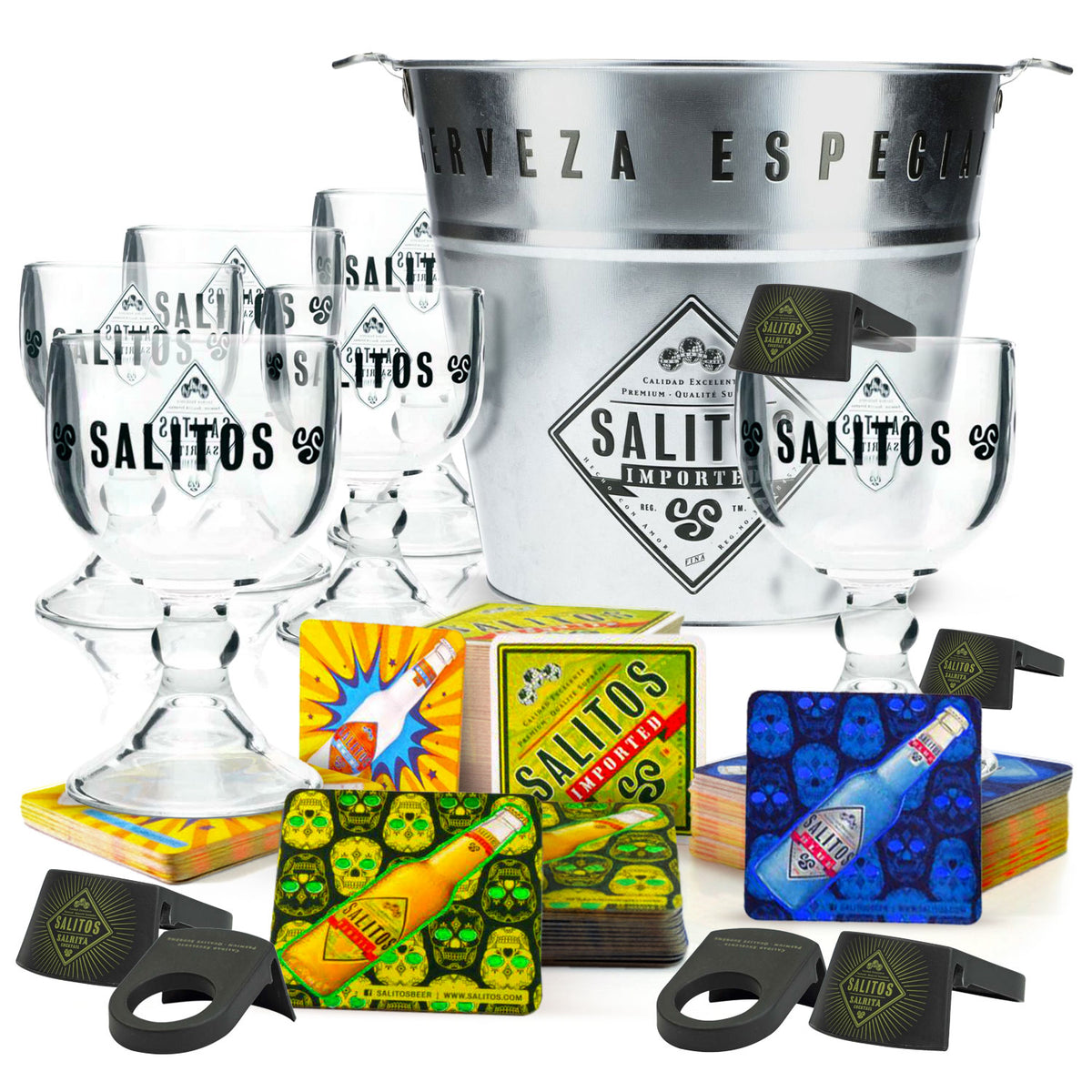 Salitos Bar Bundle Set II aus 6x Salrita Gläsern 100x Bierdeckel 1x Eiseimer