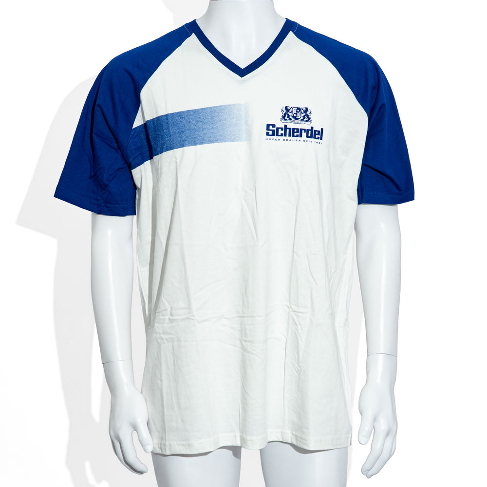 Scherdel Bier Glas weiß XL V-Ausschnitt blaue Ärmel Baumwolle T-Shirt