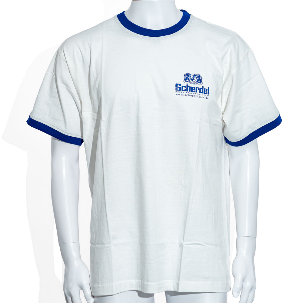 Scherdel Bier T-Shirt Gr. XL Blauer Kragen weiß