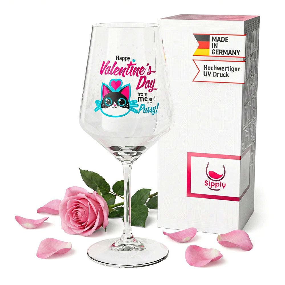 Sipply Weinglas zum Valentinstag mit Katze + Spruch "Happy Valentines Day" Geschenk 0,5l