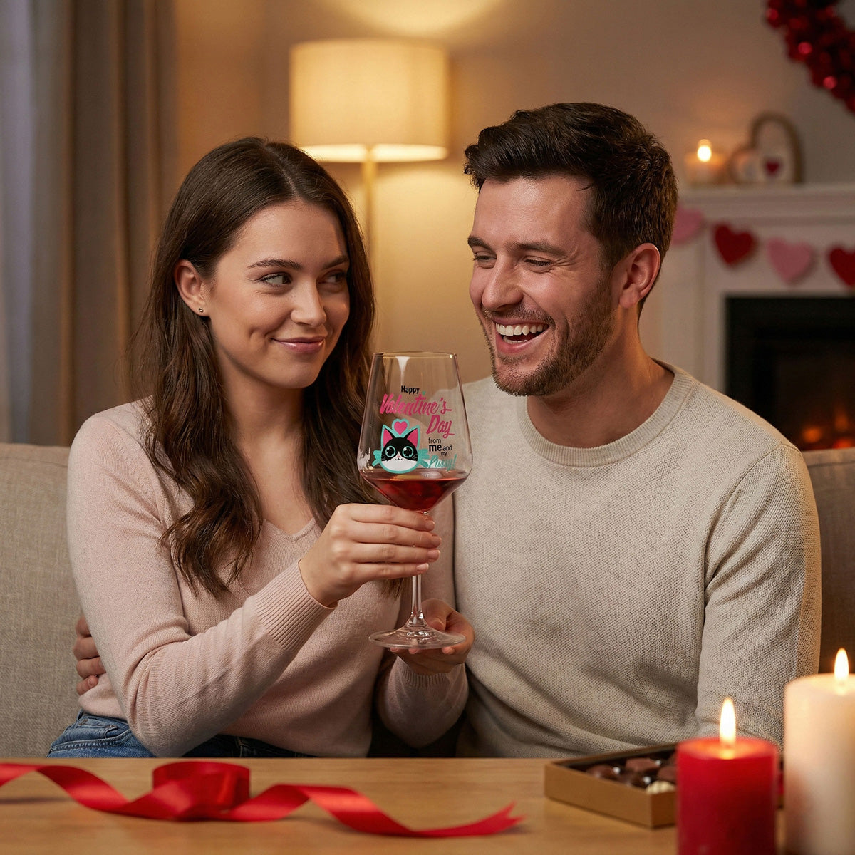 Sipply Weinglas zum Valentinstag mit Katze + Spruch "Happy Valentines Day" Geschenk 0,5l – Ansicht 3