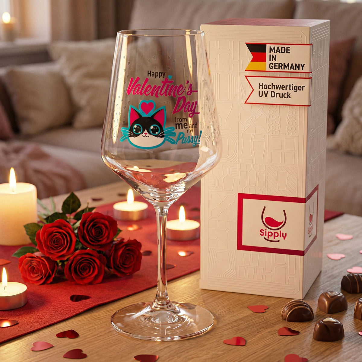 Sipply Weinglas zum Valentinstag mit Katze + Spruch "Happy Valentines Day" Geschenk 0,5l – Ansicht 4