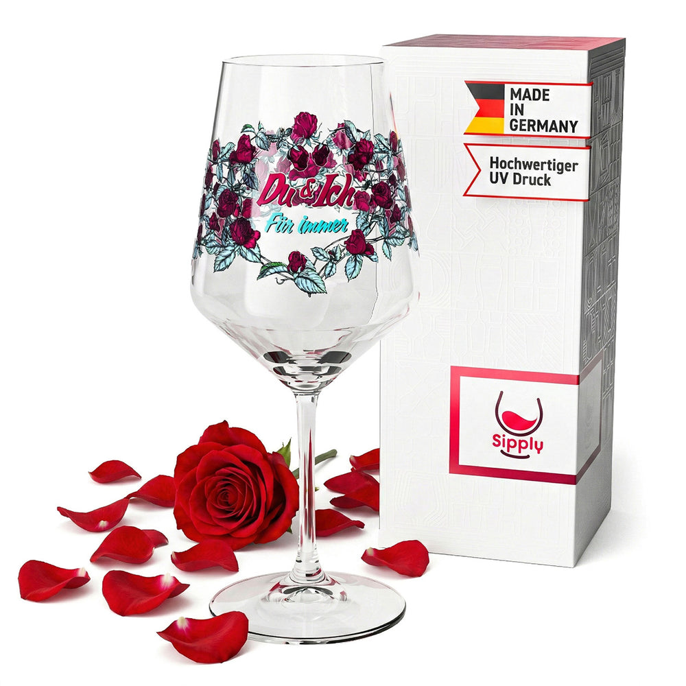 Sipply Weinglas zum Valentinstag Rosenkranz "Du & Ich Für Immer" 0,5l mit Transparenz-Effekt