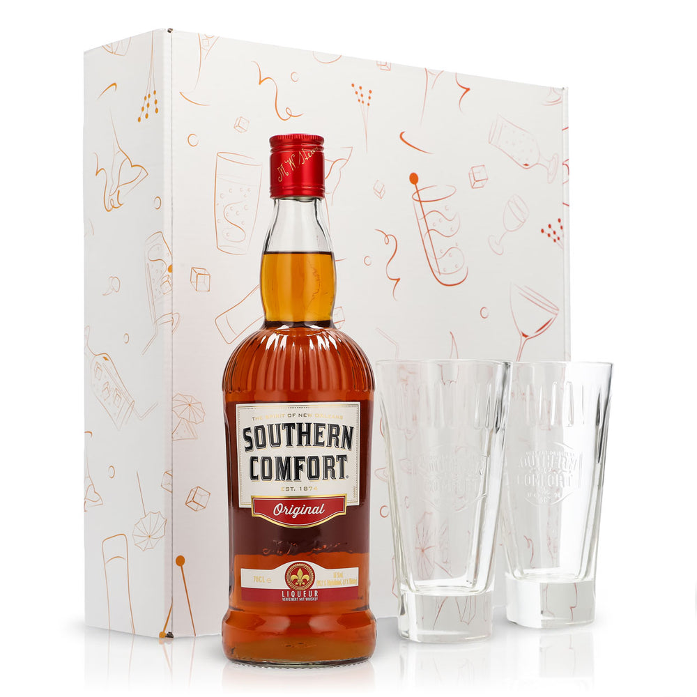 Southern Comfort Geschenkset 0,7l Flasche 35,0 % Vol. + Longdrinkgläser Relief–Weiß