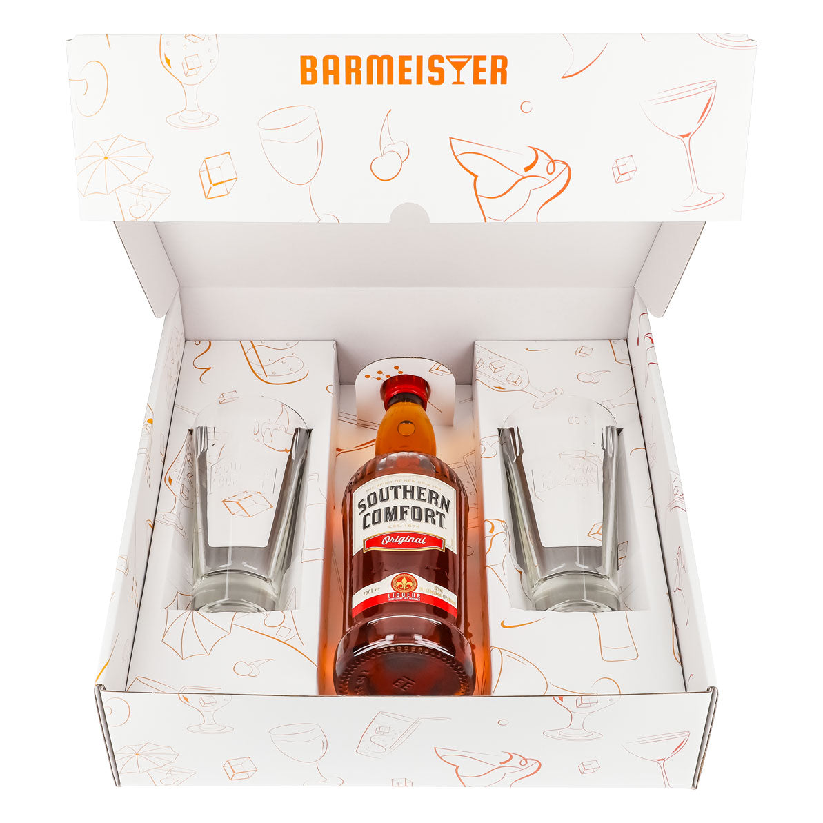 Southern Comfort Geschenkset 0,7l Flasche 35,0 % Vol. + Longdrinkgläser Relief–Weiß – Ansicht 2