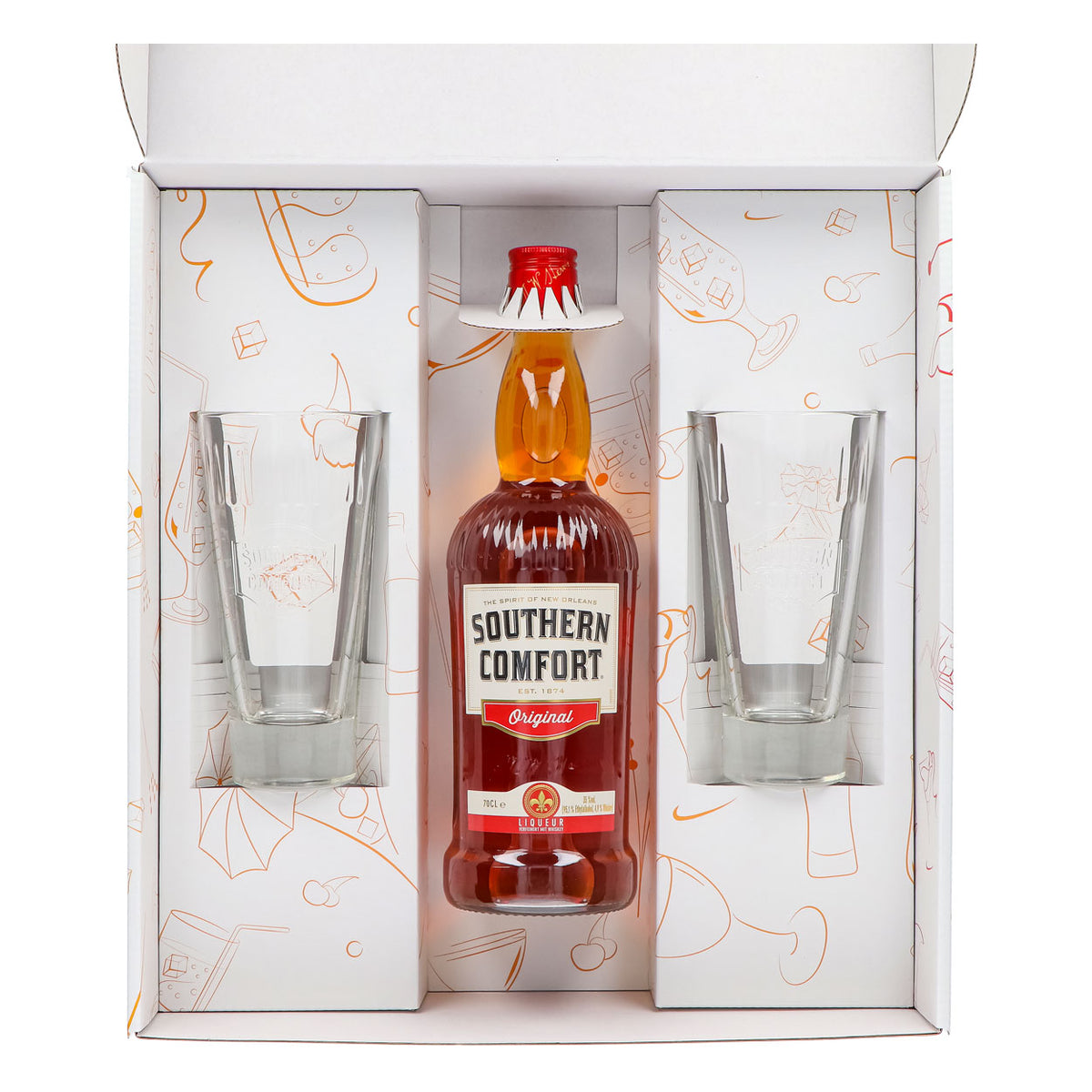 Southern Comfort Geschenkset 0,7l Flasche 35,0 % Vol. + Longdrinkgläser Relief–Weiß – Ansicht 3