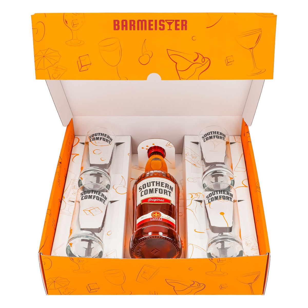 Southern Comfort Geschenkset 0,7l Flasche 35,0 % Vol. + 4 Longdrinkgläser Weiß–Orange – Ansicht 2