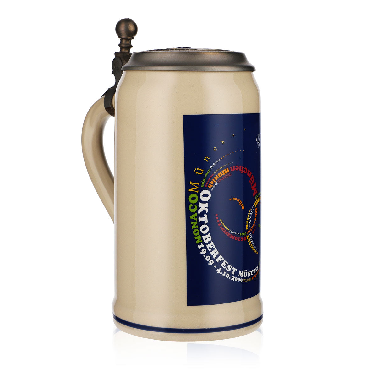 Steingut Bierseidel Glas 1,0l Tonkrug Oktoberfest München 2009 mit Zinndeckel – Ansicht 2
