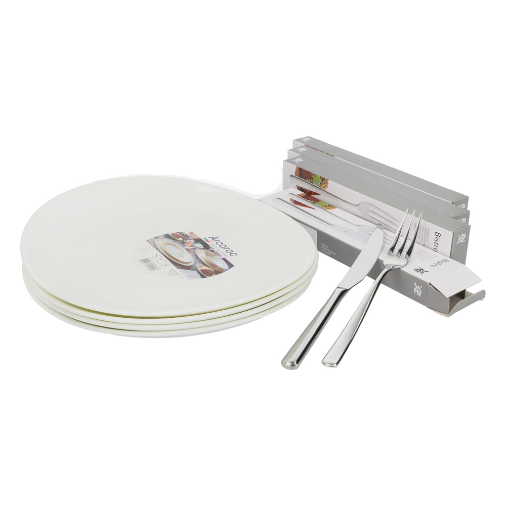 WMF Haushaltswaren Grill Set for 4, 4 x Steakbesteck, 4 x Arcoroc Esstelleller