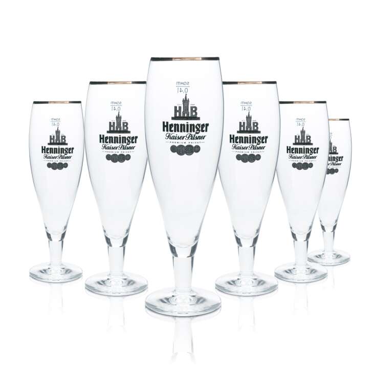 6x Henninger Bier Glas 0,4l Pokal Tulpe Bronzerande Gläser Gastro Brauerei Bräu