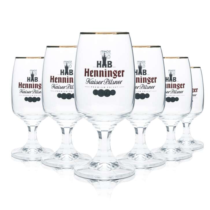 6x Henninger Bier Glas 0,3l Pokal Tulpe Bronzerand Gläser Kaiser Pils Gastro Bar