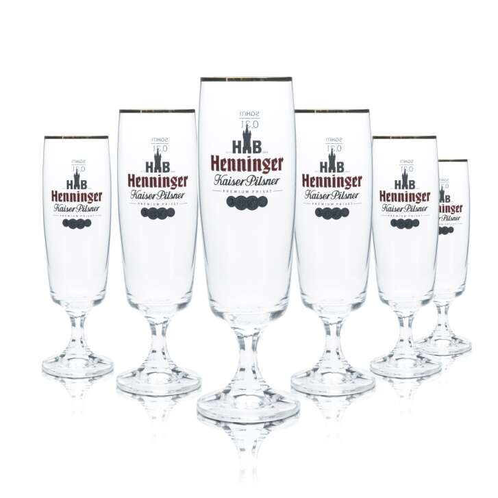 6x Henninger Bier Glas 0,3l Tulpe Pokal Bronzerand Gläser Kaiser Pils Gastro Bar