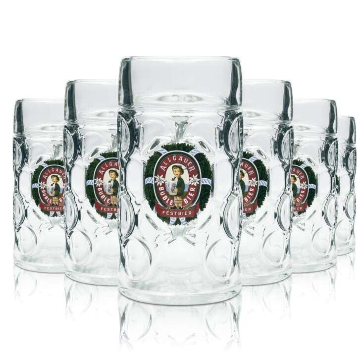 6x Allgäuer Büble Glas 1l Maßkrug "Festbier" Humpen Seidel Krüge Gläser Relief