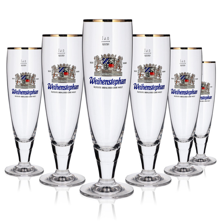 6x Weihenstephan Glas 0,4l Pilstulpe Pokalglas Goldrand Bier Gläser Set Gastro