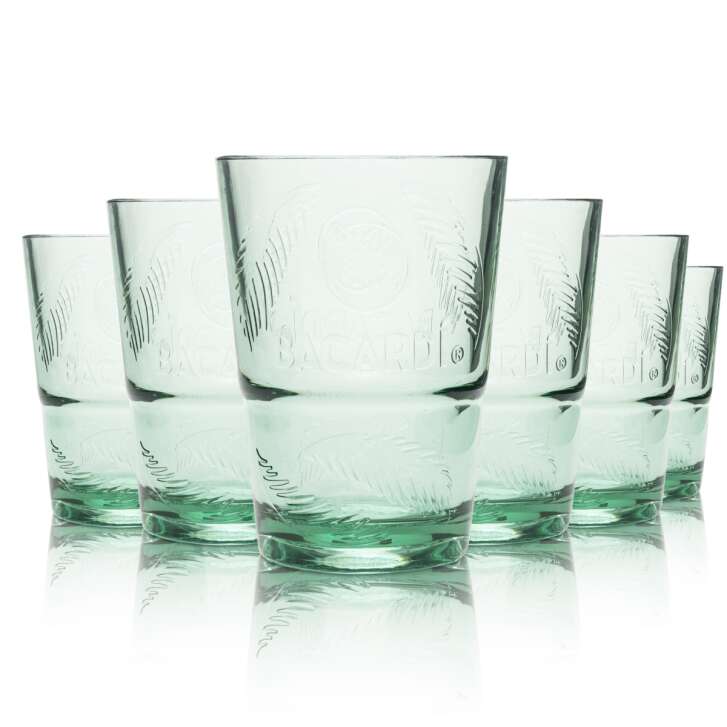 6x Bacardi Kunststoff Mehrwegbecher Glas 0,36l Grüne Longdrinkgläser Palmenmuster