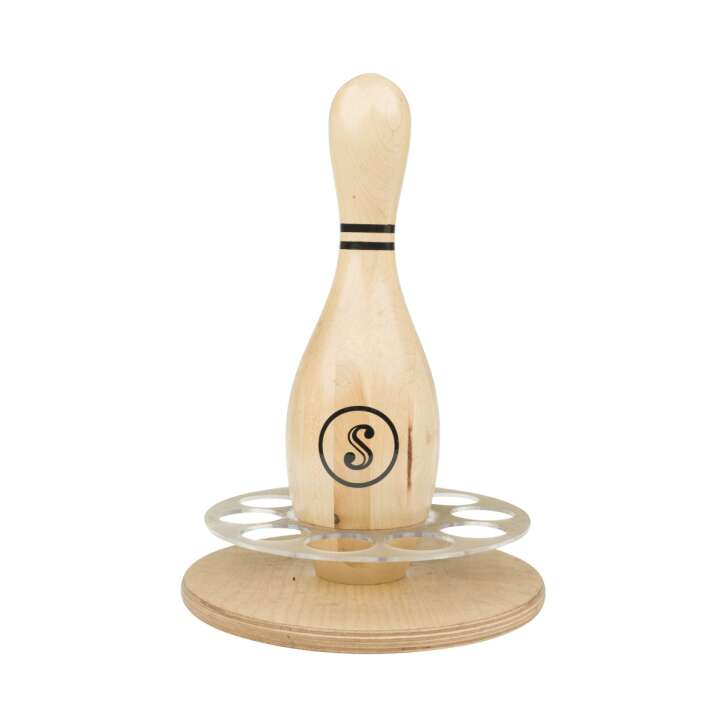 Sasse Korn Shotmeter 10 Gläser Kegel Bowling Holz gebraucht Tablett Träger Bar