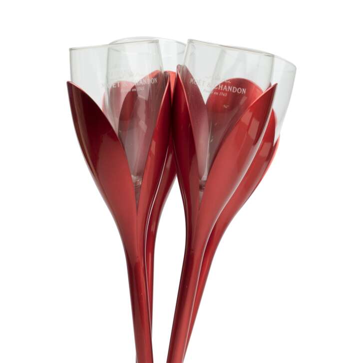 Moet Chandon Champagner 4x Glas + Halter in Tulpen Form rot Gläser Selten Rar