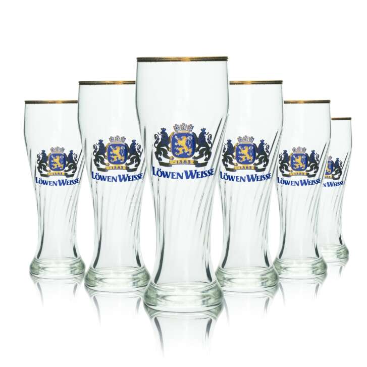 6x Löwen Weisse Bier Glas 0,3l Weizen Hefe Weißbier Gläser Pokal Beer Goldrand