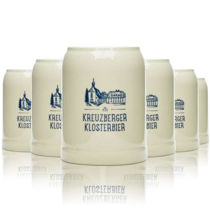 6x Kreuzberger Klosterbräu Bier Glas Krug 0,5l Ton Seidel Henkel Gläser Steingut