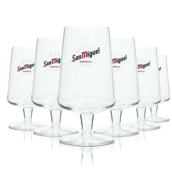 6x San Miguel Bier Glas 0,3l Pokal "Especial" Gläser Tulpe Spanien Stielglas Bar